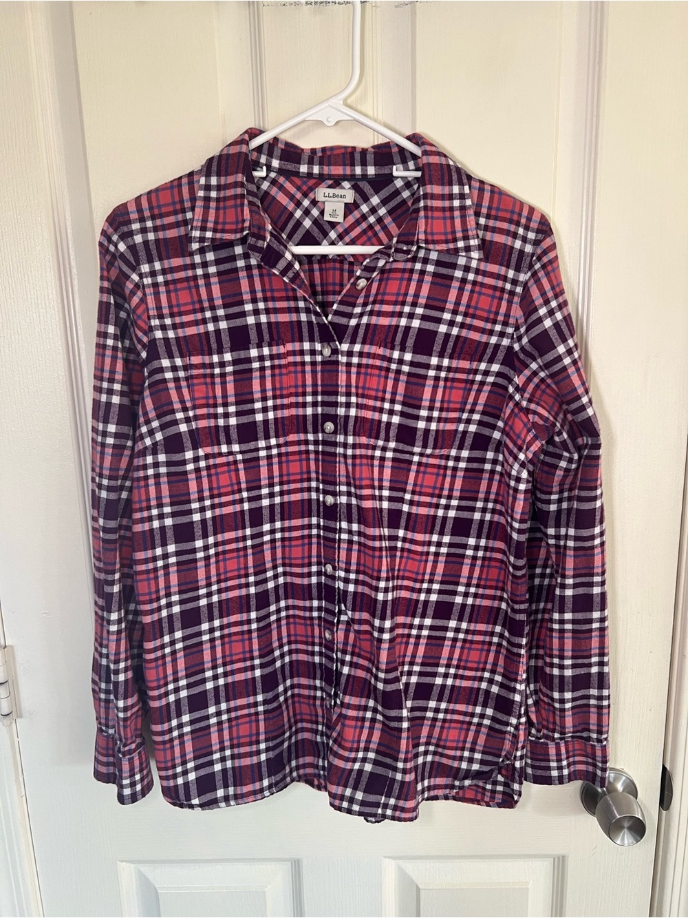 L.L.Bean Women’s Plaid Flannel Button Down Shirt Purple Coral Medium